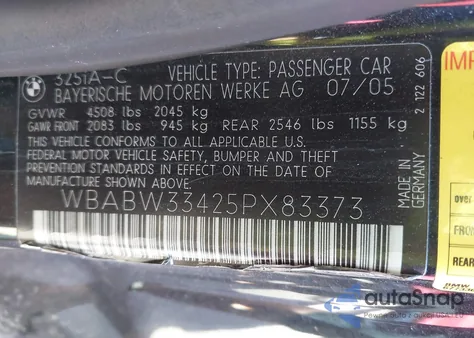 2005 BMW 325Ci z USA, uszkodzony, nr VIN WBABW33425PX83373